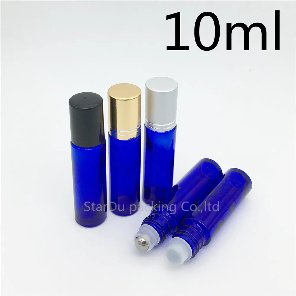 Botella de Perfume enrollable azul de 10ml, 12 unids/lote, botellas enrollables de aceite esencial azul de 10cc, contenedor de rodillo de vidrio pequeño