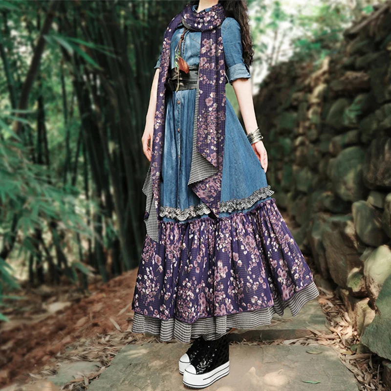 Vestidos, весенне-летнее винтажное богемное джинсовое платье макси с поясом и шарфом, цветочный шифон, пэчворк, повседневное длинное платье размера плюс, elbise