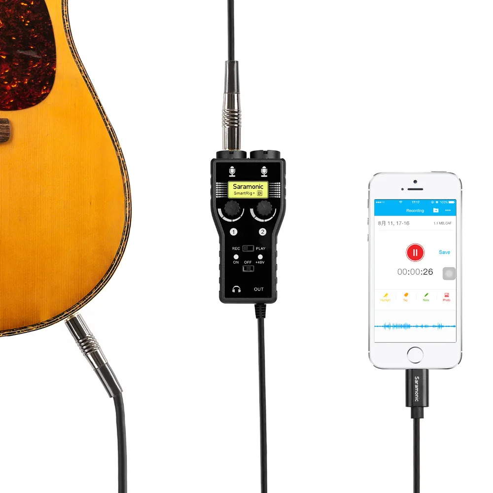 Saramonic SmartRig + Di 2-х канальный XLR микрофон и 6 3 мм гитары Интерфейс &amp IOS MFi Lightning вход