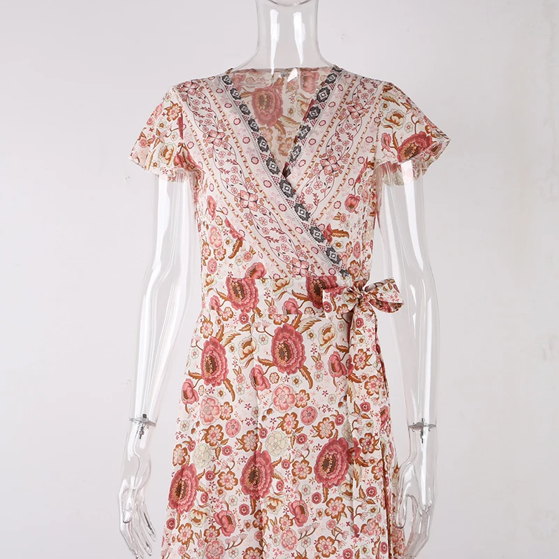 Nadafair Boho цветочное женское Макси платье с v-образным вырезом Сплит пляжное сексуальное длинное платье с поясом элегантные вечерние летние платья vestidos robe Femme