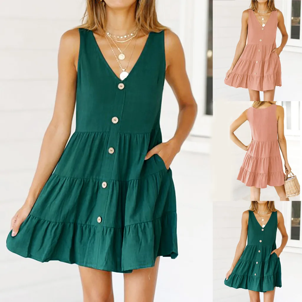 Женское модное однотонное мини платье с v образным вырезом и пуговицами без
