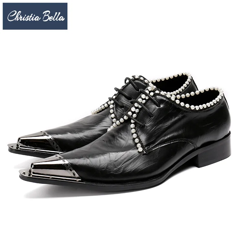 Christia Bella Vintage Pearls Men Oxford Shoes Designer Genuine Leather Wedding Prom Formal Dress Shoes Business Derby Shoes