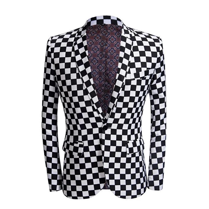 jacket SHENRUN модный костюм для мужчин черный белый клетчатый принт 2 шт. комплект последние конструкции пальто брюки Свадебный сценический для певца облегающий костюм - Цвет: jacket