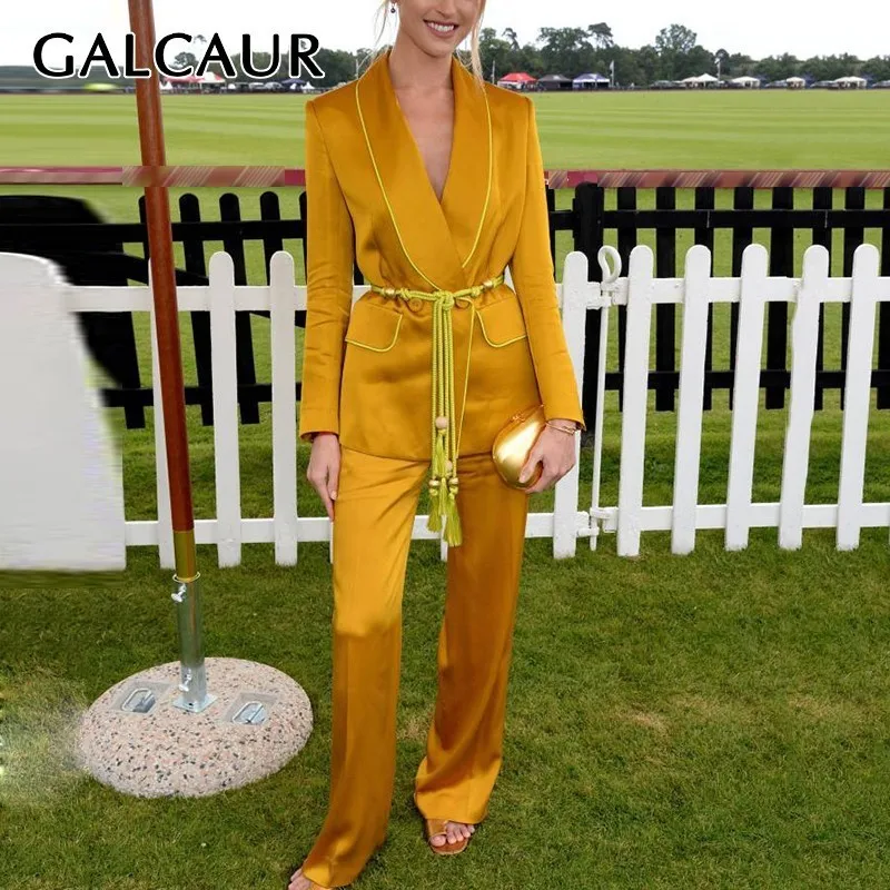 GALCAUR Pants Suits For Women Lapel Collar Long Sleeve Tassel Lace Up Blazer With High Waist Maxi Trousers Set Female 2019 | Женская