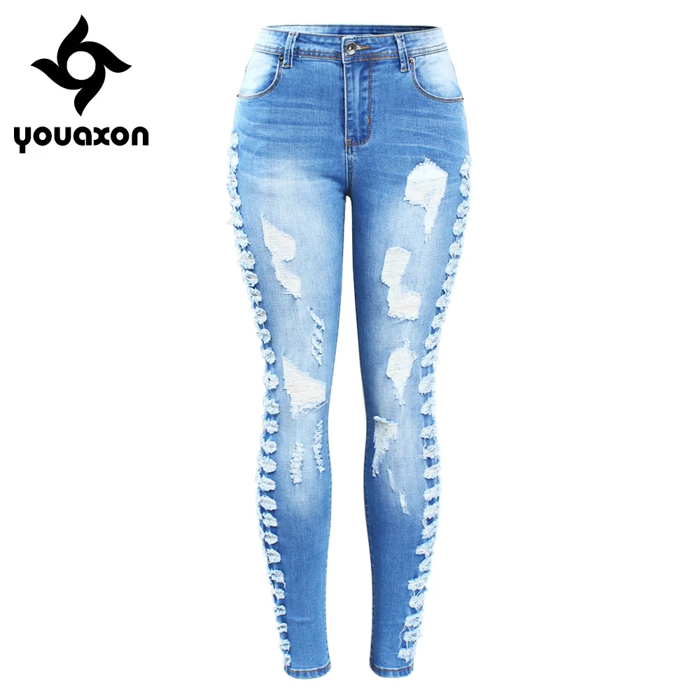 blue 2145 Youaxon Новое поступление, эластичные рваные джинсы размера плюс, женские джинсы с потертостями по бокам, узкие брюки-карандаш, брюки для женщин - Цвет: blue