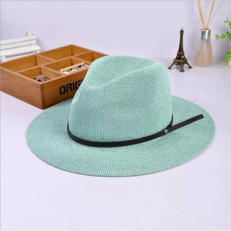 

2019 New Solid Color Belt Buckle Straw Hats Breathable Unisex Wide Brim Visor Hat Women Chapeu Straw Jazz Hats Summer Beach Cap