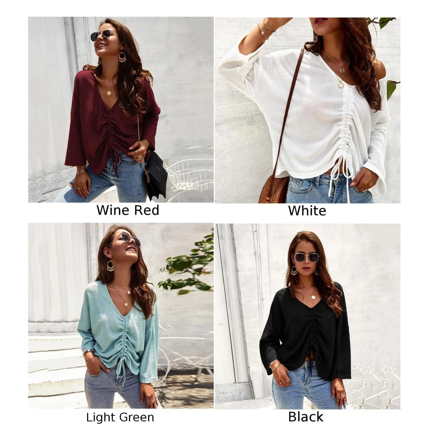 Женская блузка с длинным рукавом v-образным вырезом однотонная плиссированная