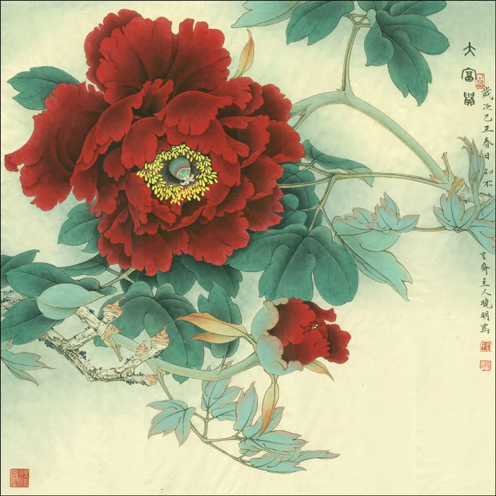 Китайский классический красный poney цветок пейзаж маслом холст печатные издания