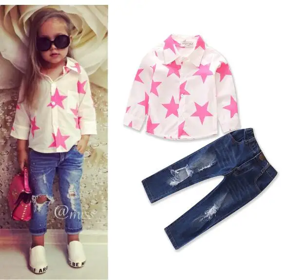 Girl's Fashion suits 2017 Autumn Stars shirts+Hole Jeans Pants Outfits Preppy Style Kids Suit 2PCS Sets CHildren's Clothing | Детская