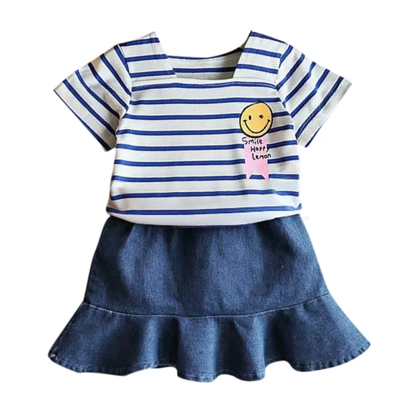 Новая футболка в полоску для маленьких девочек + джинсовая юбка повседневная
