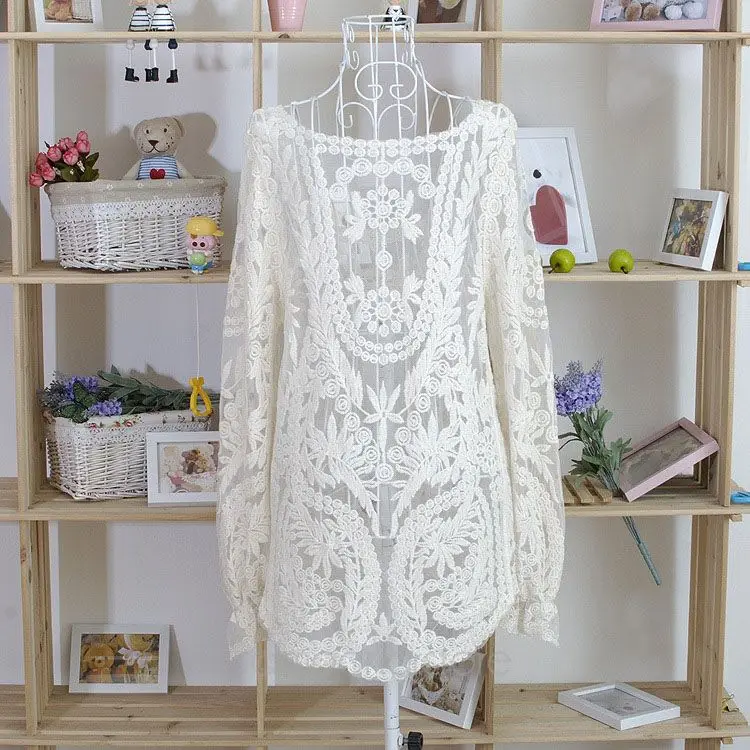 Blusas Femininas, женская сексуальная Кружевная блуза с длинным рукавом, топы, модные Ажурные вязаные топы