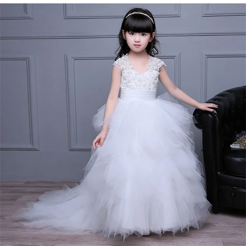 

New Arrival Flower Girl Dresses with Train Appliques Party Pageant Communion Dress for Wedding Little Girls Kids/Children Dress