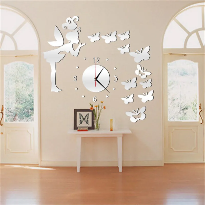Бабочка Ангел комбинация 65 см зеркальные настенные часы фоновая Наклейка на