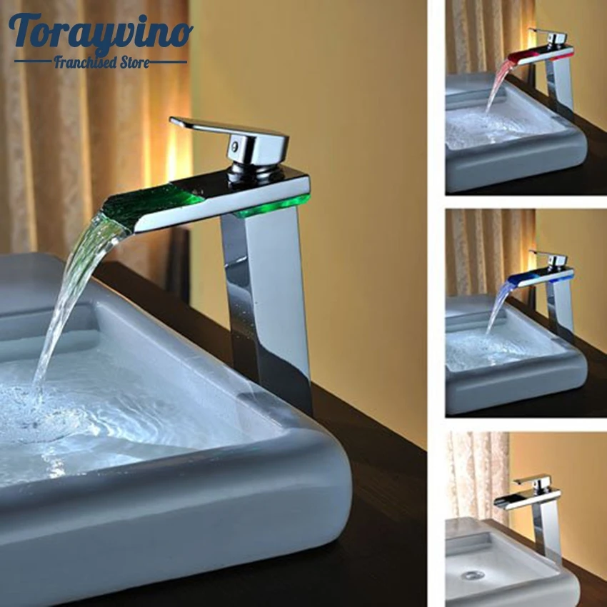 

Torayvino LED Tall Basin Faucet Water Tap Bathroom Sink Mixer Waterfall Torneira Chrome Vanity Vessel Sinks Mixers Taps Faucets