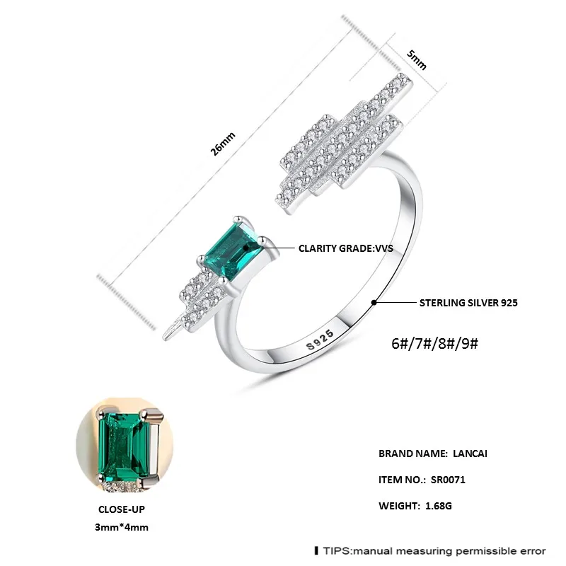 LANCAI Fashion 925 Sterling Silver Ring Genuine Palace Cutting Created Emerald for Women Fine Jewelry Lovers Hot Selling | Украшения и