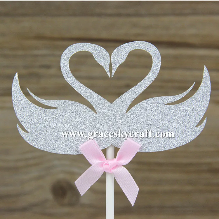 

12pcs free shipping Glitter paper Swans Couple Wedding Cakes Toppers Birthday cupcake picks Party Favors cake decoration