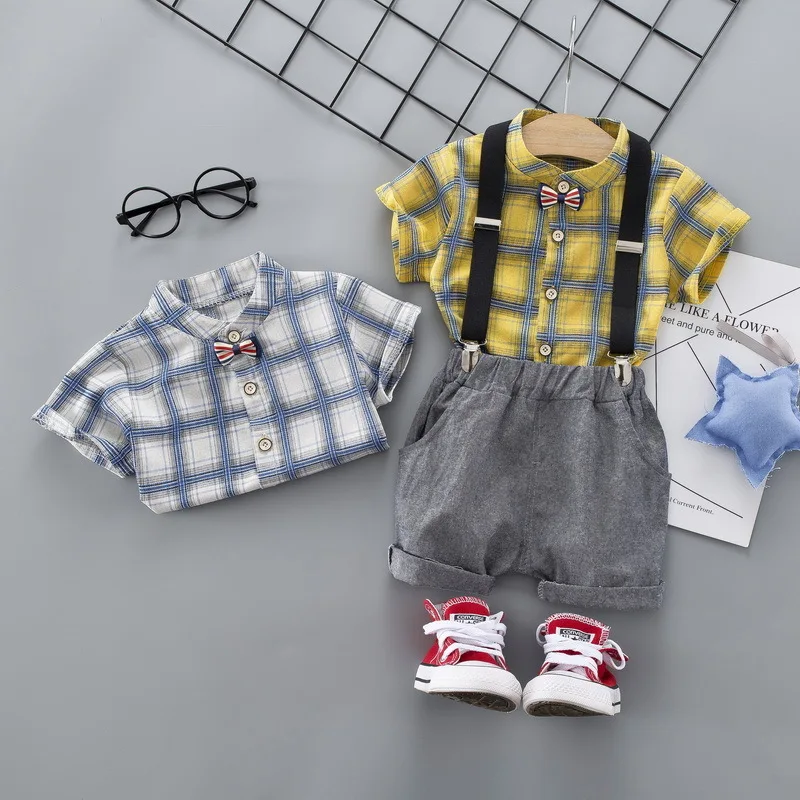 

2019 new summer children's summer sports clothes plaid short-sleeved t-shirt strap shorts