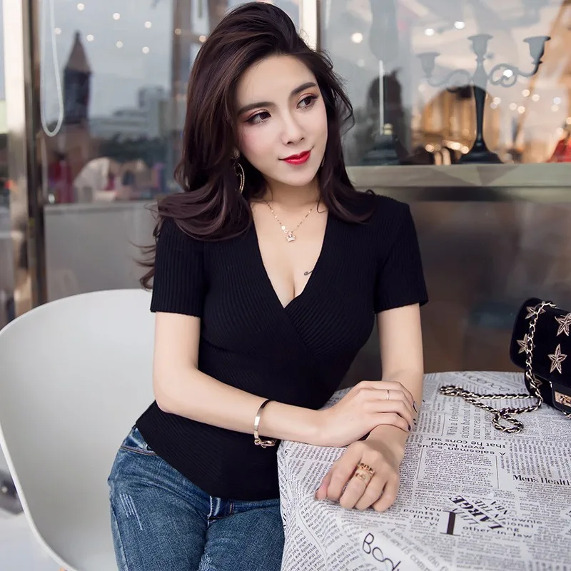 Сексуальный вязаный свитер для женщин короткий рукав тонкий крест v-образный