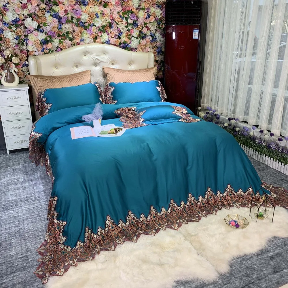 

Noble Blue 80S Tencel Embroidered Bedding sets Queen King Luxury Lace Edge Duvet cover Royal Bed sheet set Europe 4/6pcs