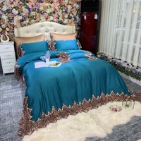 noble blue 80s tencel embroidered bedding sets queen king luxury lace edge duvet cover royal bed sheet set europe 46pcs