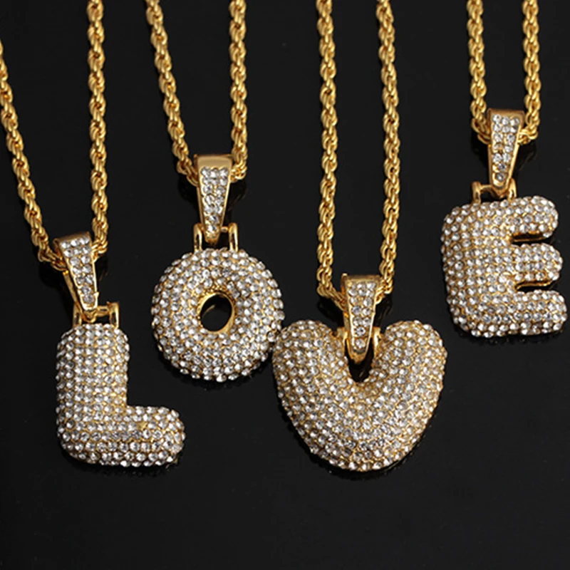 

A-Z Bubble Letters Necklaces Pendant Chain For Men Women Gold Silver Color Cubic Zircon Hip Hop Jewelry Gifts Wholesale Items