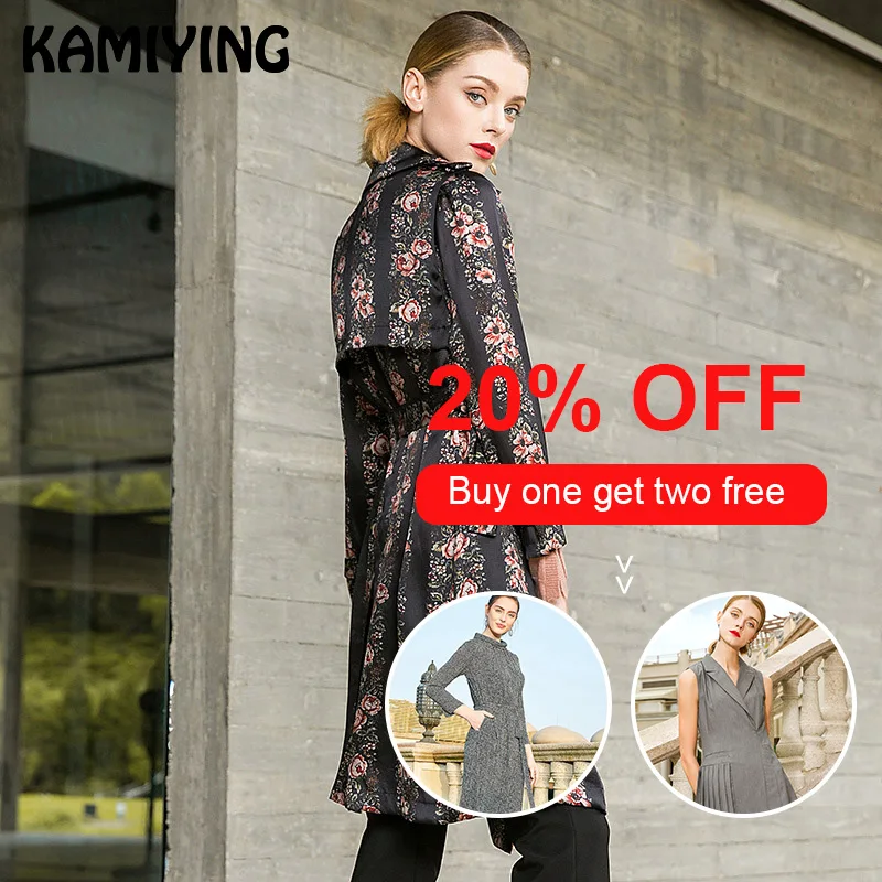 KAMIYING 100% натуральный шелк Тренч осеннее пальто для женщин с отложным воротником