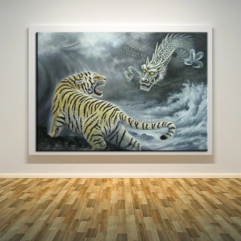 Современное реалистичное искусство тигр и дракон файтинг масляная живопись на