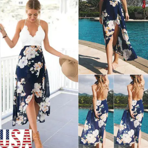2018 New Fashion Hot Popular Summer Women Boho Holiday Strappy Floral Maxi Beach Sundress Party Long Asymmetrical Dress US | Женская