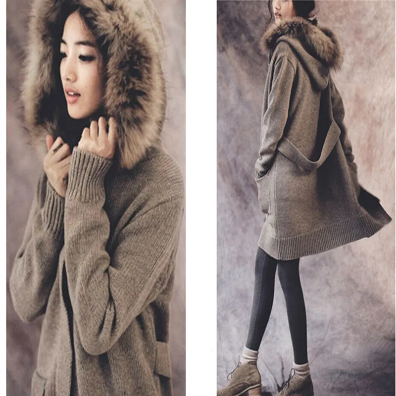 Женский Классический кардиган на молнии длинный шерстяной вязаный с капюшоном и