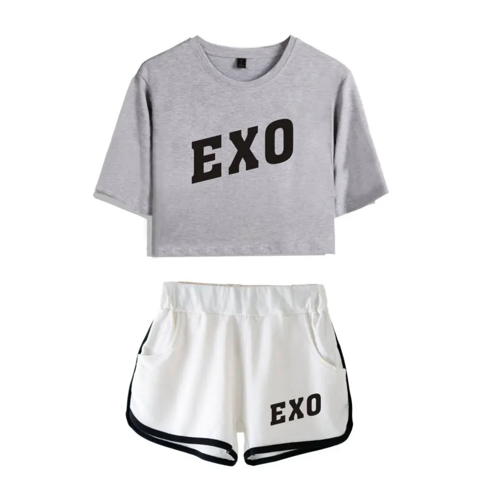 Женский спортивный костюм Kpop Exo женский короткий топ шорты и брюки летний