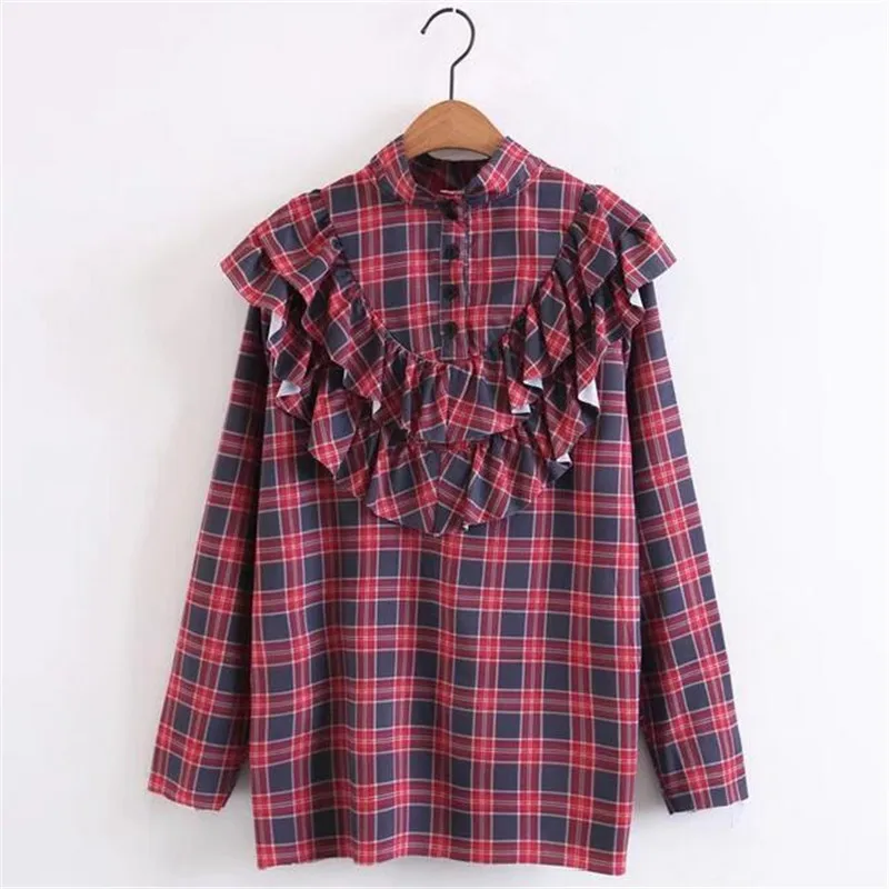 Винтажная клетчатая блузка женские топы оборками слоев плеча воротник-стойка