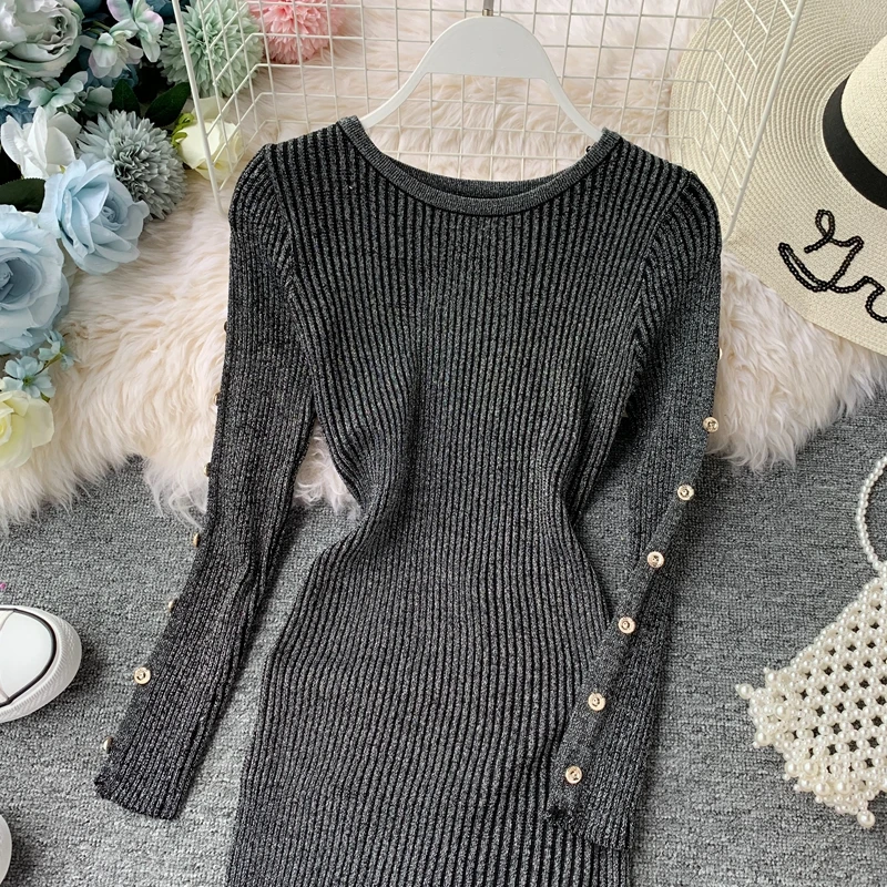 ALPHALMODA Осень Зима Новое вязаное платье Vestios с пуговицами украшенное Боковым Разрезом винтажное блестящее нижнее платье