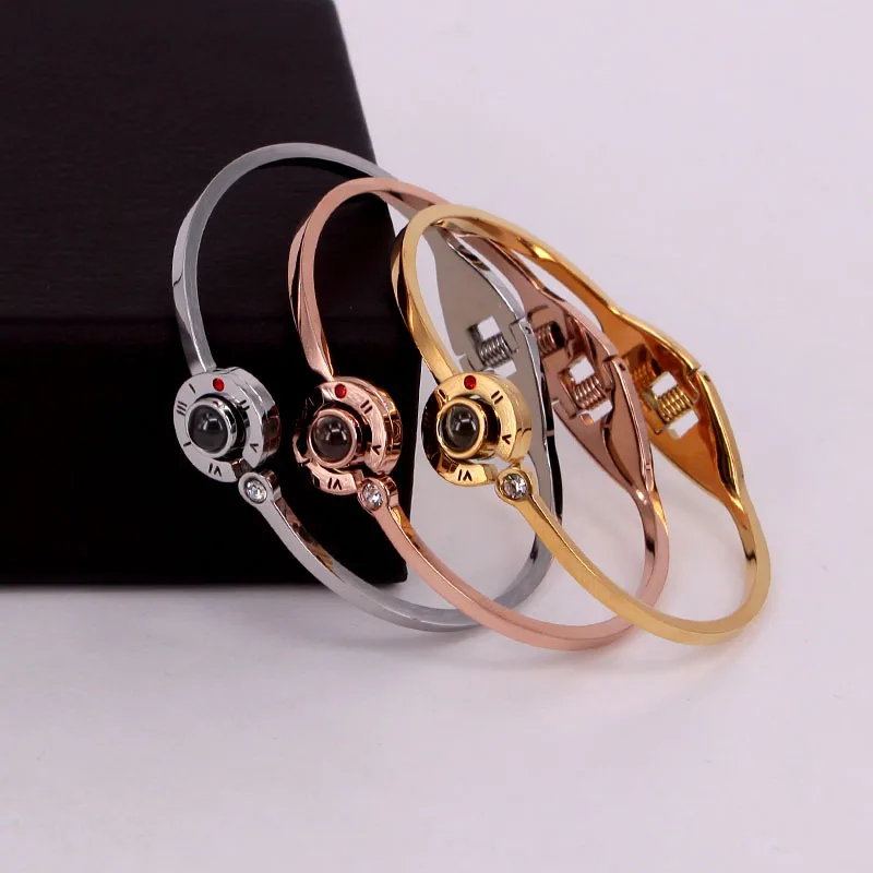 

YUN RUO 100 languages I love you Projection Bangle Rose Gold Silver Color Titanium Steel Jewelry Woman Birthday Gift Never Fade