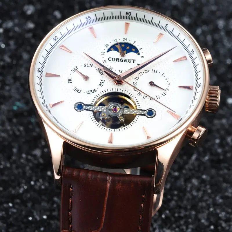 Corgeut 44 мм роскошные часы с купольным стеклом фазой Луны Rosegold стрелки дата и день
