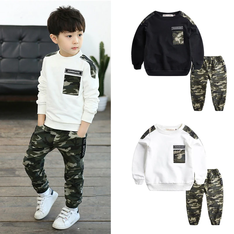 DIIMUU 2Pcs Kids Clothing Boys Casual Sports Tracksuit Children Clothes Long Sleeve T-Shirts Camouflage Pants For Boy 5-10 Years |