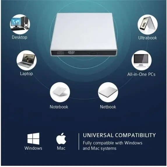 USB-устройство для чтения DVD/CD-дисков Fanshu с двумя USB-кабелями ноутбуков Windows Mac OS |