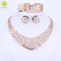 fashion wedding african jewelry sets gold color carving flower statement crystal necklaces earring bracelet ring set