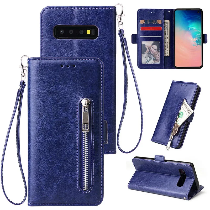 Синий Кошелек на молнии с карманами для карт, чехол-книжка для samsung Galaxy S10 5G S10E S10 Plus Note 8 9 S8 S9 Plus - Цвет: Синий