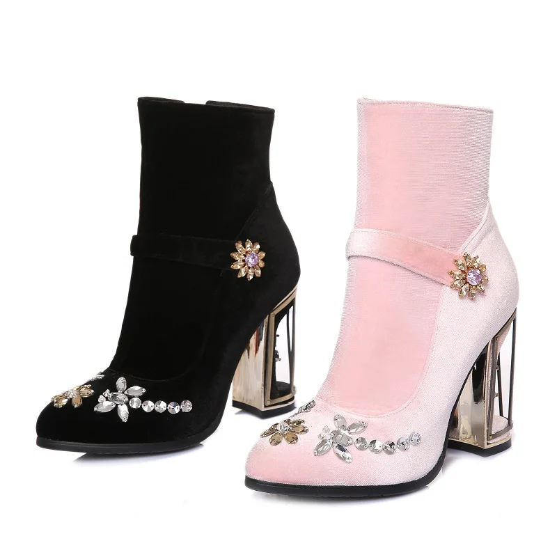 Модные бархатные женские ботильоны Дизайнерские ботинки на высоком каблуке с