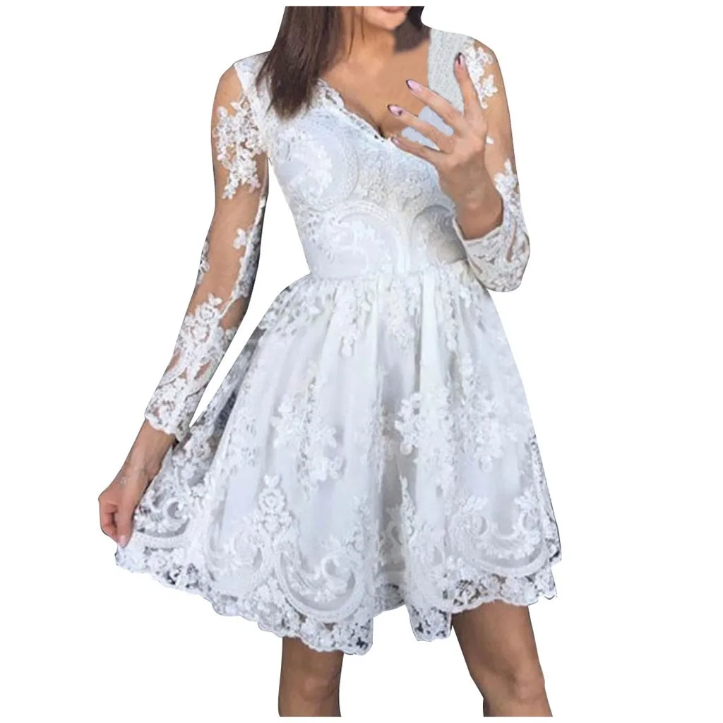 

2019 Summer explosion dress fashion solid color lace women's sexy long-sleeved hollow irregular hem V-neck dress robe femme 40*