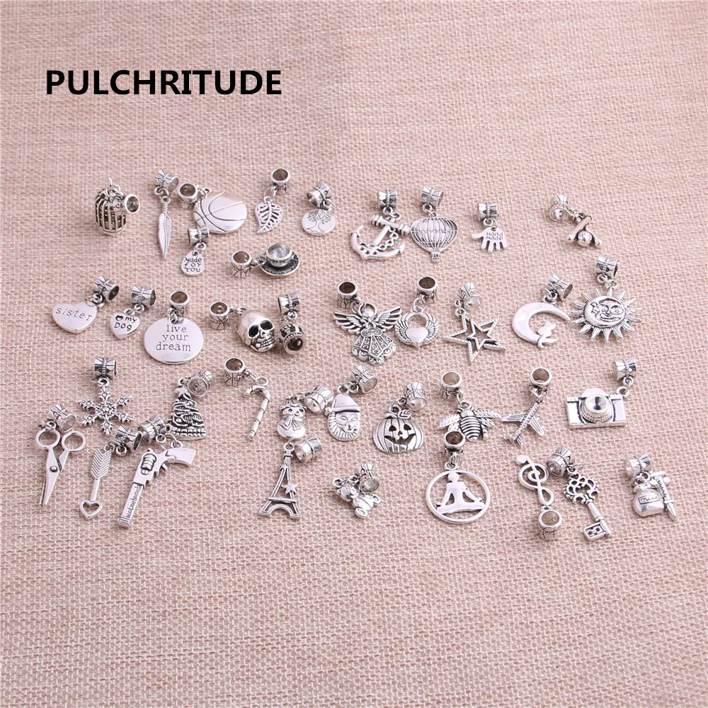 Браслеты-шармы PULCHRITUDE 50 шт./лот из сплава цинка античные серебристые с большим