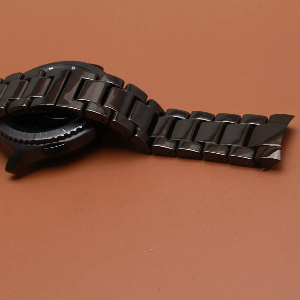 

Ceramic Watch Band Strap Solid Link Bracelet Watchbands fit Gear Frontier Galaxy Smart wristwatch 22mm polish black curved ends