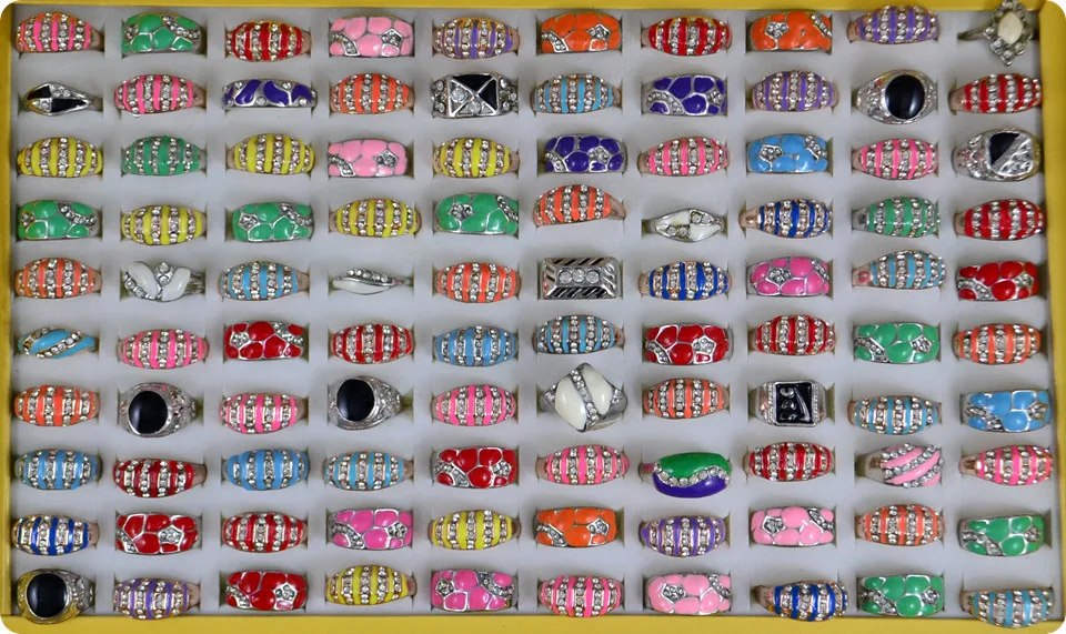 

50x Mixture Enamel Rings Crystal Rhinestone Alloy Costume Ring Fashion Jewelry