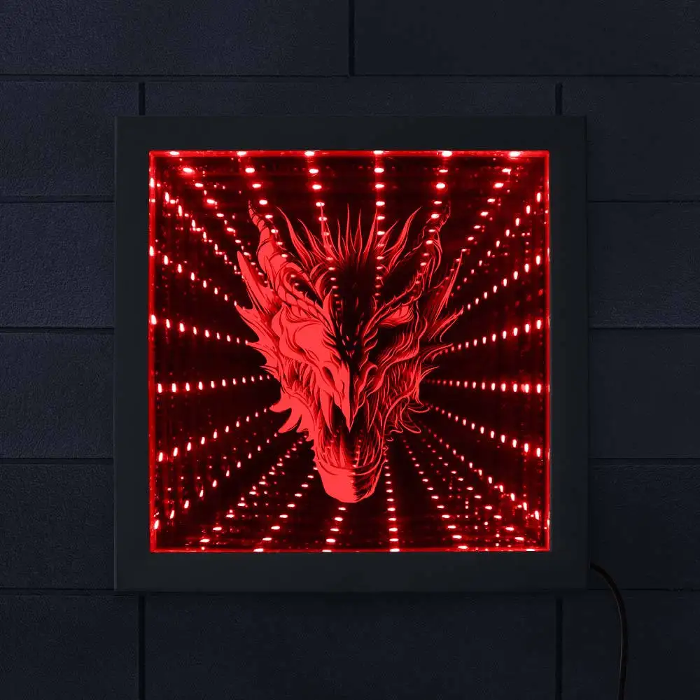 Mythical Dragon Head 3D Infinity Mirror Wood Frame Gothic Dragon Never ending Tunnel Light Optical Illusion Color Change Light
