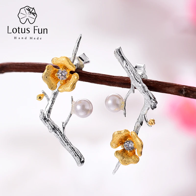 Женские серьги-подвески «Цветок сливы» Lotus Fun, изящное дизайнерское ювелирное изделие ручного изготовления из настоящего серебра 925 пробы