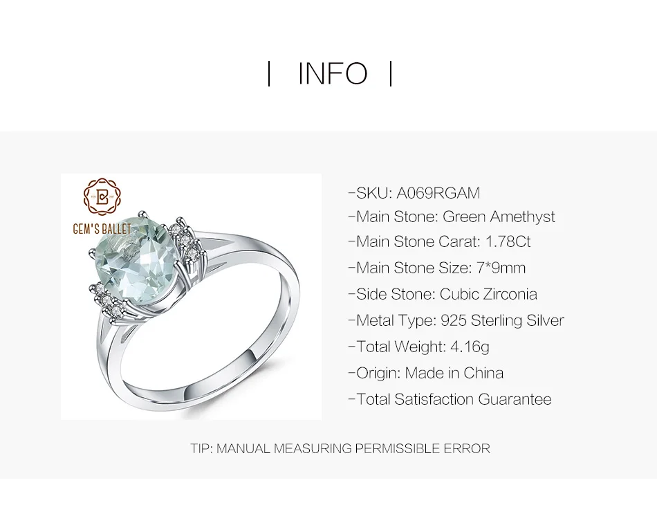 GEM'S BALLET 1.78Ct овальное простое натуральное зеленое кольцо с аметистом 925 пробы серебряным драгоценным камнем обручальное кольцо для женщин хорошее ювелирное изделие