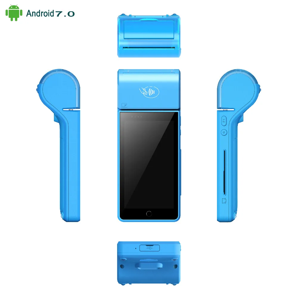 High Quality 5&quot Android 7.0 Handheld Wireless POS terminal system with NFC reader 1D / 2D Barcode Scanner WIFI 4G 58mm Printer |