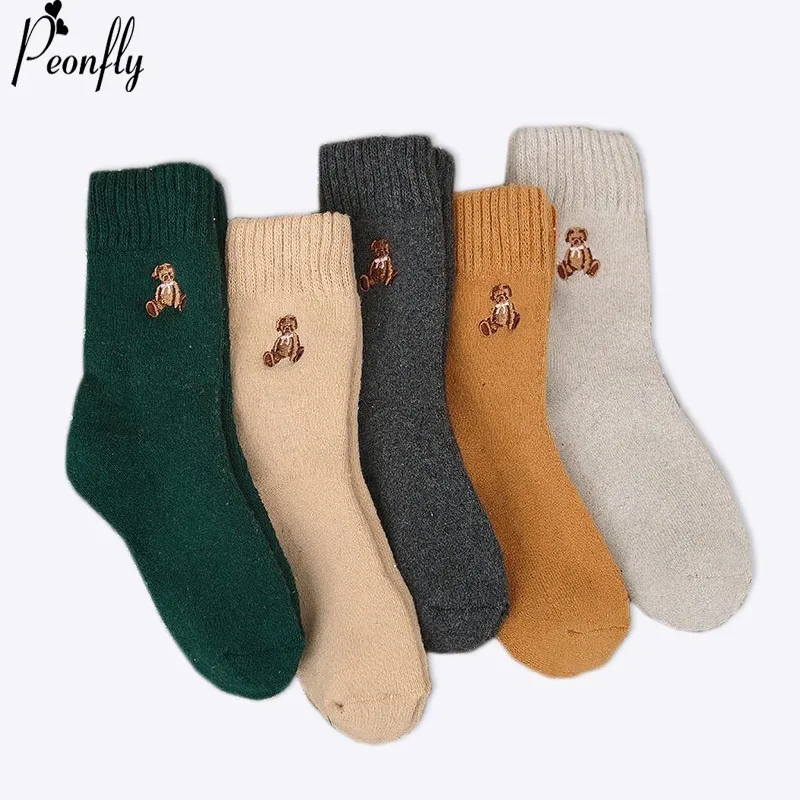 peonfly новых однородный цвет вышивки, милый мультфильма медвежонок женщина милые смешные носки модные женские хлопок короткие хлопковые носки теплые осень- зима, утолщение случайных женщин носочки сладости мода мило