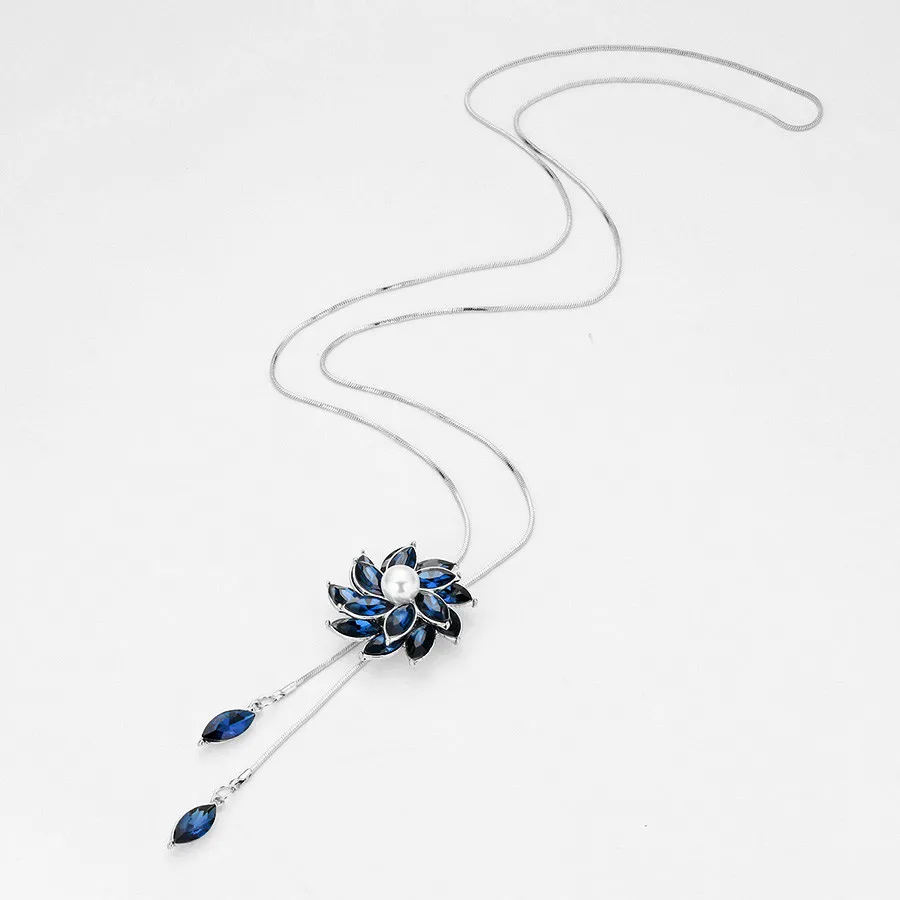 Collier Femme Bijoux 2018 Blue Crystal Necklaces Women Fashion Flower Long Pendant Necklace Choker Sweater Chain Accessories New |