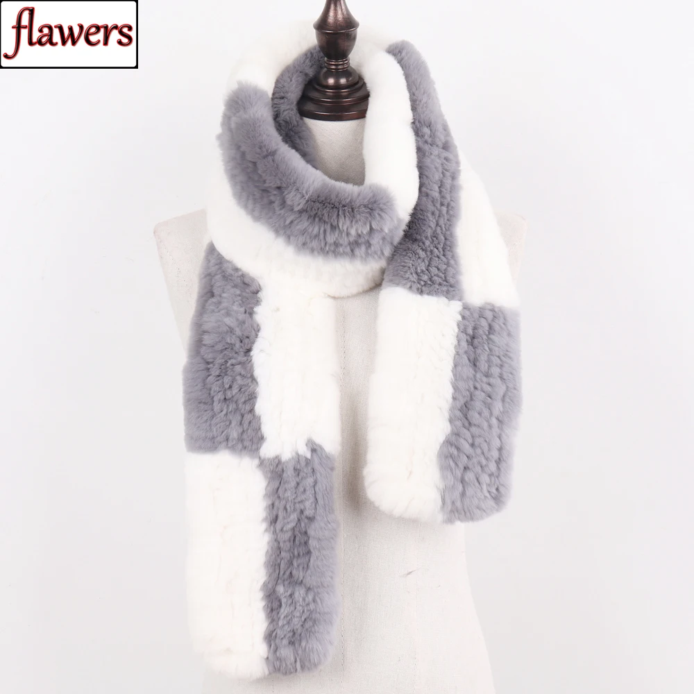 

New Long Style 100% Natural Rex Rabbit Fur Scarf Women Luxurious Knitting Real Fur Scarves Girls Thick Warm Winter Fur Mufflers